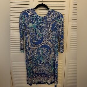 Lilly Pulitzer Blue and White Sheath Dress 3/4 Sleeve Crew Neck
